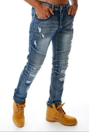 Premium Washed Slim Fit Stretch Denim with Moto Panel Trim Jeans  # BP1055