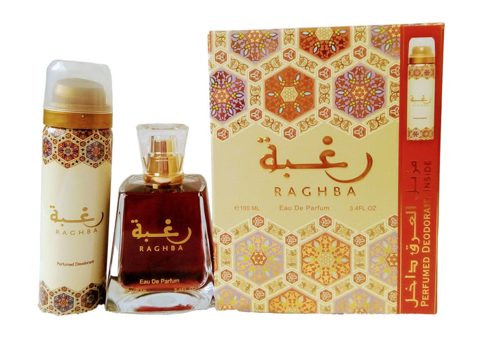 Raghba by Lattafa EDP Eau de Parfum Spray 3.4 Fl.Oz + 1.7 Fl.Oz Deo Spray Unisex