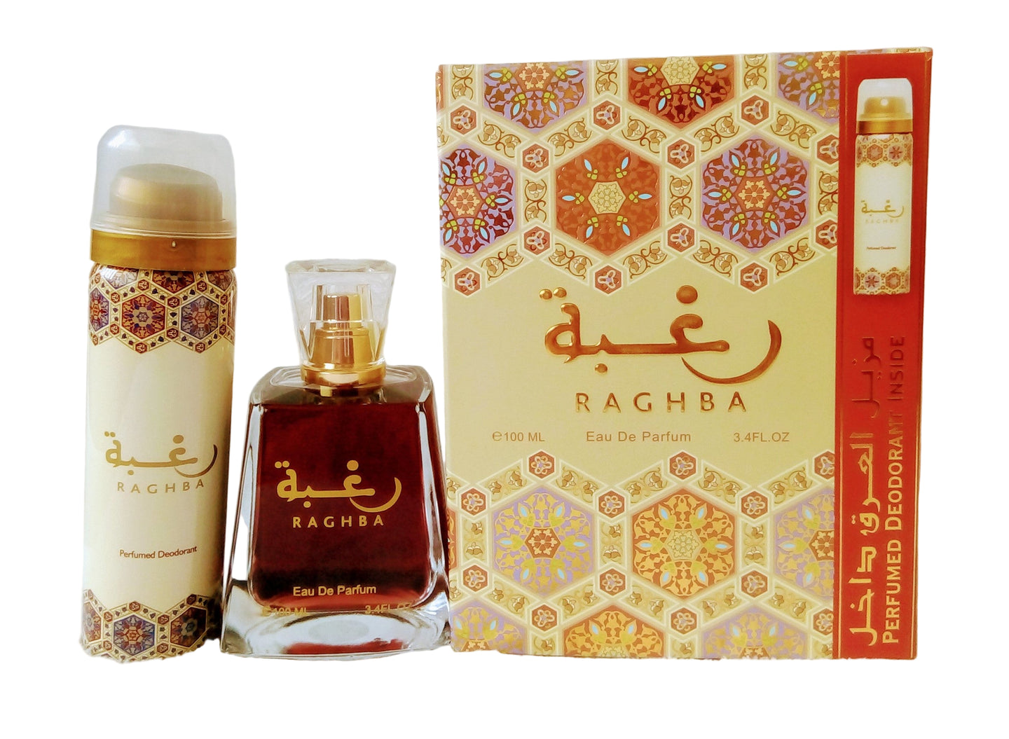 Raghba by Lattafa EDP Eau de Parfum Spray 3.4 Fl.Oz + 1.7 Fl.Oz Deo Spray Unisex