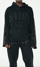Load image into Gallery viewer, Acid Washed French Terry "Saint" Graphic Sparkled Rhinestone Pullover Hoody &amp; Matching Fleece Pants Set # F25124