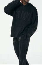 Load image into Gallery viewer, Acid Washed French Terry "Saint" Graphic Sparkled Rhinestone Pullover Hoody &amp; Matching Fleece Pants Set # F25124