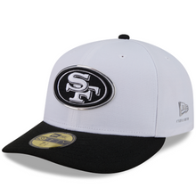 Load image into Gallery viewer, A San Francisco 49ers baseball cap by New Era, featuring a white crown with a black embroidered 'SF' logo, a black visor, and a gold sticker on the brim.