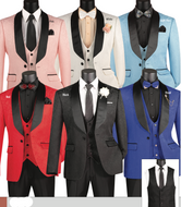 Slim Fit Shawl Collar 3 Piece Jacquard Fabric Tux in Black, White, Red, Light Blue, Pink, Green, Caramel & Royal  # TVSJ1