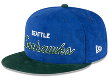 Load image into Gallery viewer, Blue and green Seattle Seahawks cap with New Era logo