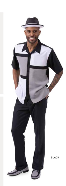 Men's 2 Pc Short Sleeve Black & White Leisure Walking Suit