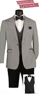 Gray houndstooth patterned suit jacket with black vest and pants including a matching bow tie and lapel pin.