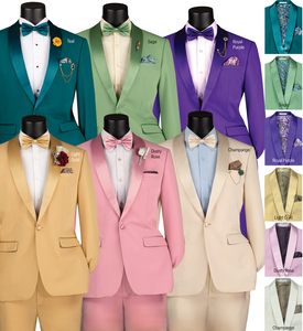 Slim Fit Shawl Collar Tux with matching Bow-Tie in Teal, Sage, Royal Purple & Light Gold by Vinci