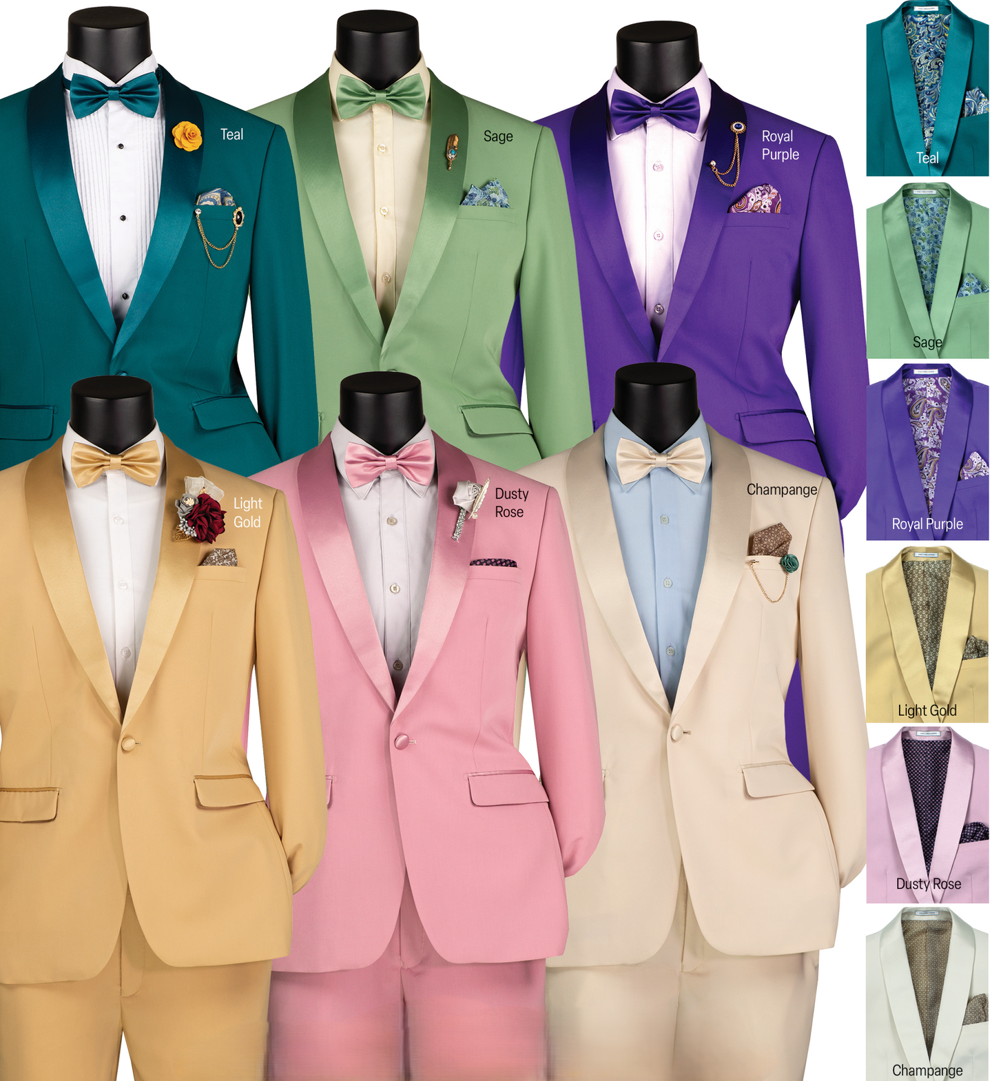 Slim Fit Shawl Collar Tux with matching Bow-Tie in Teal, Sage, Royal Purple & Light Gold by Vinci