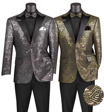 Load image into Gallery viewer, Modern Fit Single Breasted Two Button Sateen Lapel Jacquard Fabric Blazer with Matching Bow-Tie