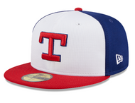 Texas Rangers Baseball cap with red, white, and blue pinwheel design.