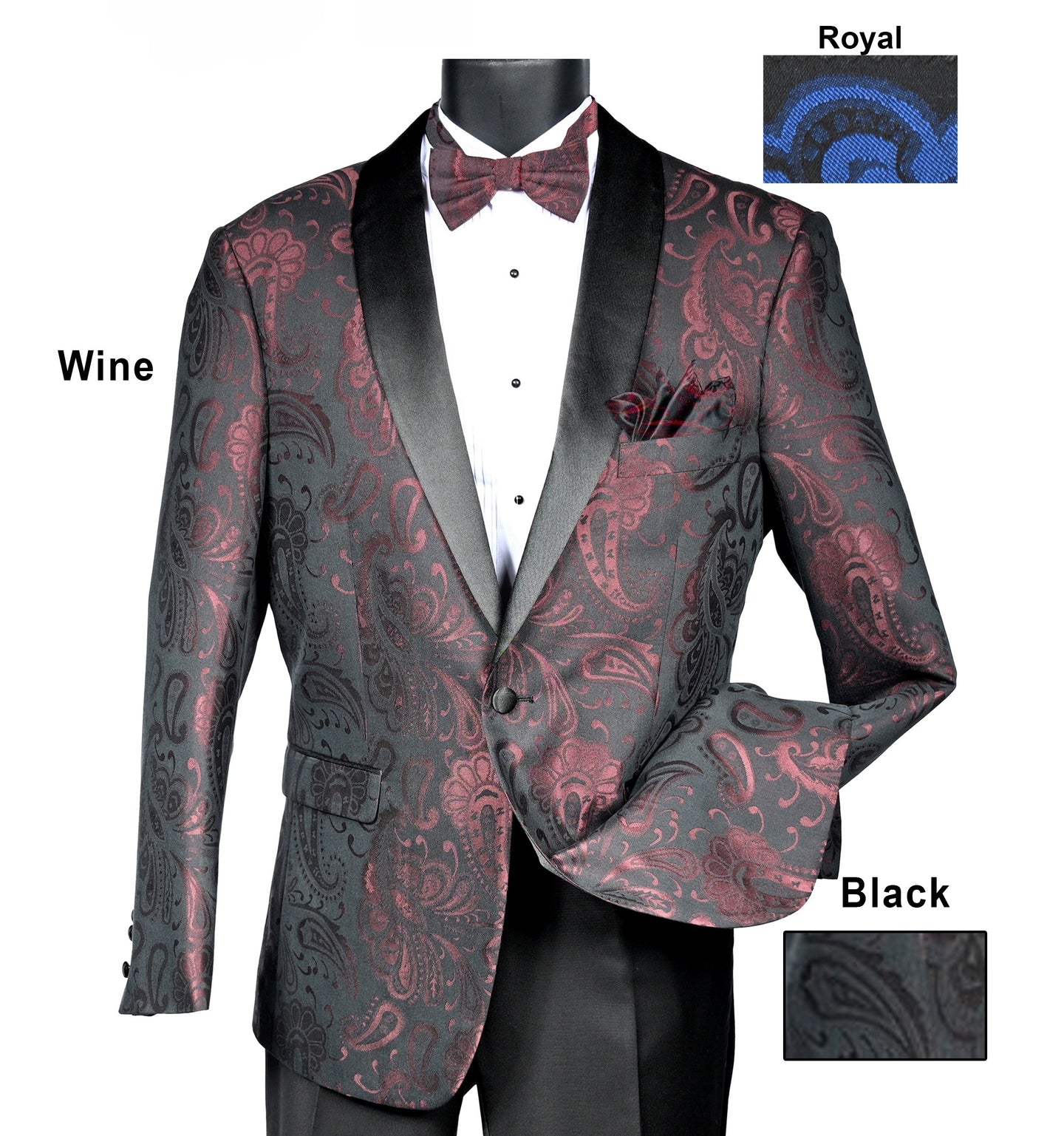 Single Breasted One Button Shawl Collar Paisley Design Sport coat with Matching Bow Tie by Mazari