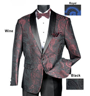Single Breasted One Button Shawl Collar Paisley Design Sport coat with Matching Bow Tie by Mazari # 9566