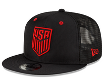 Load image into Gallery viewer, Black cap with red &#39;USA&#39; logo on a Black background
