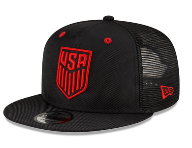 Black cap with red 'USA' logo on a Black background