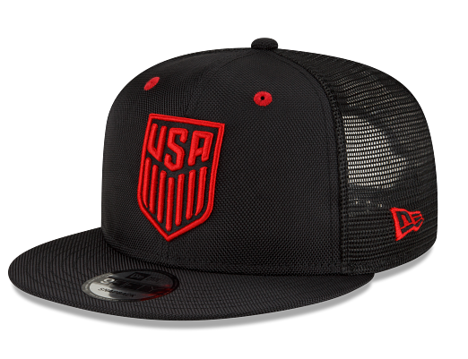 Black cap with red 'USA' logo on a Black background