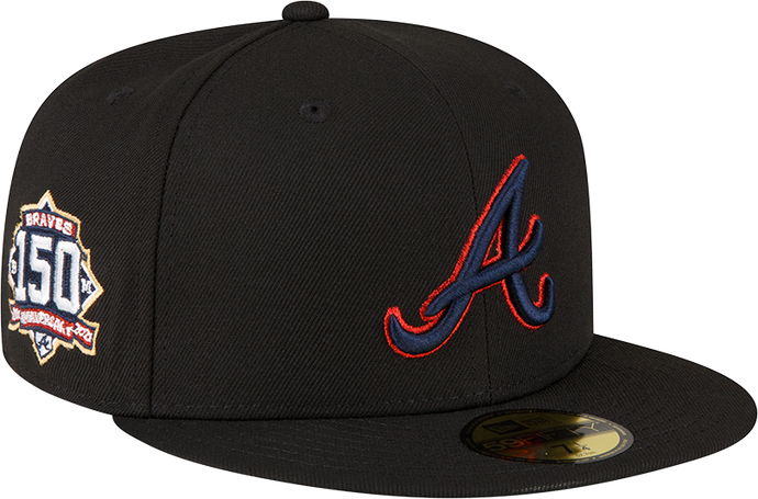 Atlanta Braves 59Fifty 5950 150th Anniversary Sidepatch New Era Fitted Cap with Red Metallic outline on Logo