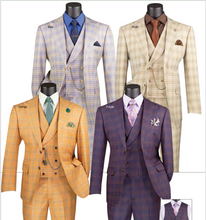 Load image into Gallery viewer, Modern Fit Windowpane Plaid Single Breasted Vested 3 Pc Suit in Blue, Khaki, Orange &amp; Purple # MV2W3