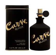 Load image into Gallery viewer, A black cologne spray bottle with gold lettering, labeled 'Curve Black' with a capacity indicator of 4.2 oz (125 ml).