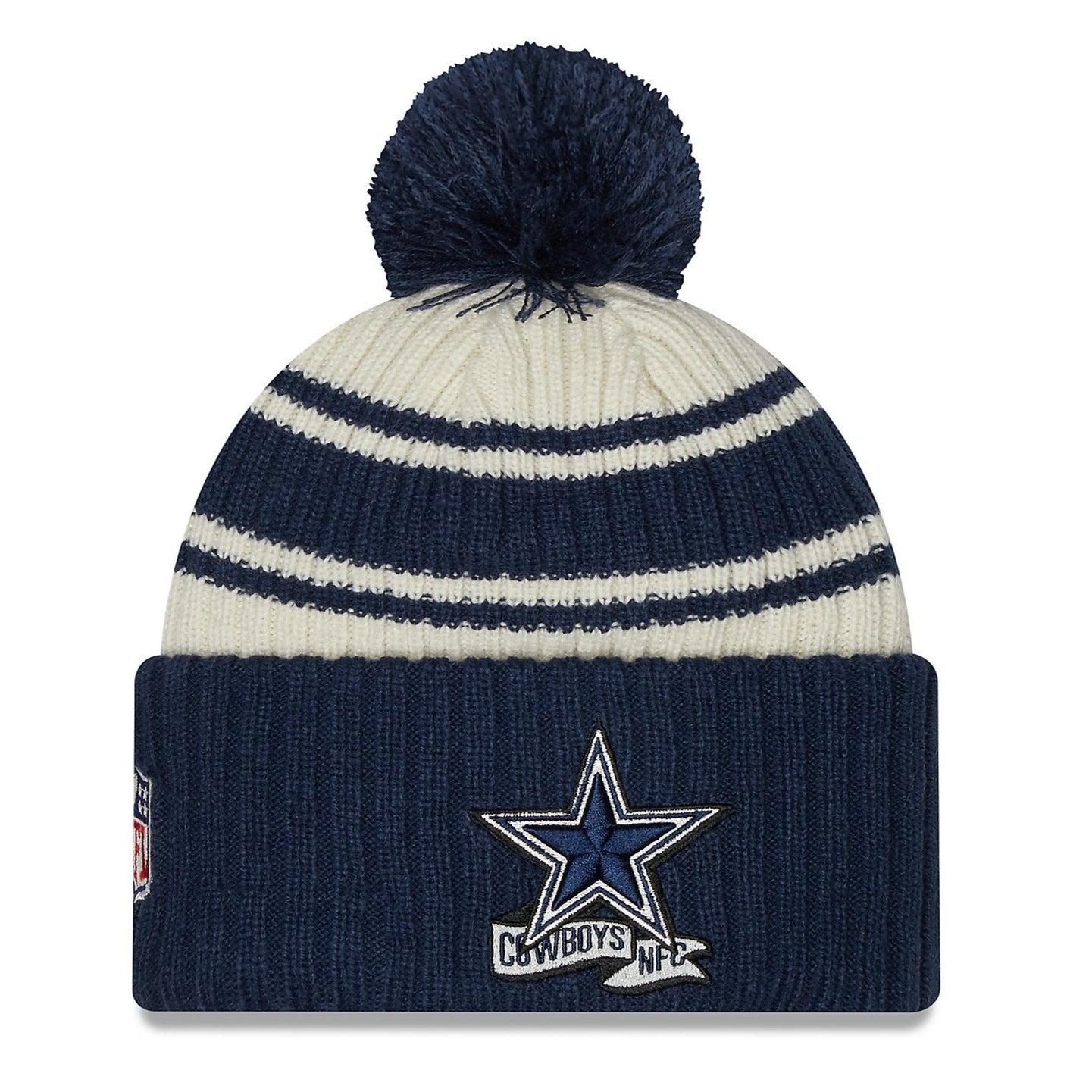 Youth New Era Cream/Navy Dallas Cowboys 2022 Sideline Sport Cuffed Pom Knit Hat