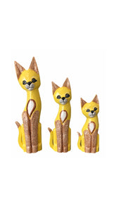 Set of Three Large Yellow Wooden Cats