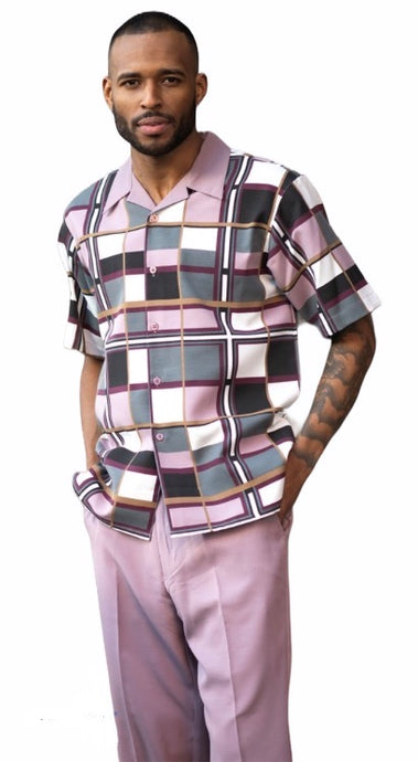 Lilac Checkered Patterned Leisure Two Piece Shirt & Pants Set
