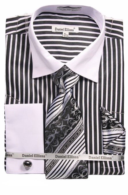 Striped French Cuff Dress Shirt (Includes Tie, Hanky & Cufflinks 16½ Neck-34/35 Sleeve Length / Black Striped French Cuff Dress Shirt (Includes Tie, Hanky & Cufflinks 16½ Neck-34/35 Sleeve Length / Black
