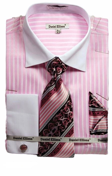 Daniel Ellissa Men's French Cuff Shirt Set - Dark Accented Tie - Pink - 17.5 36/37