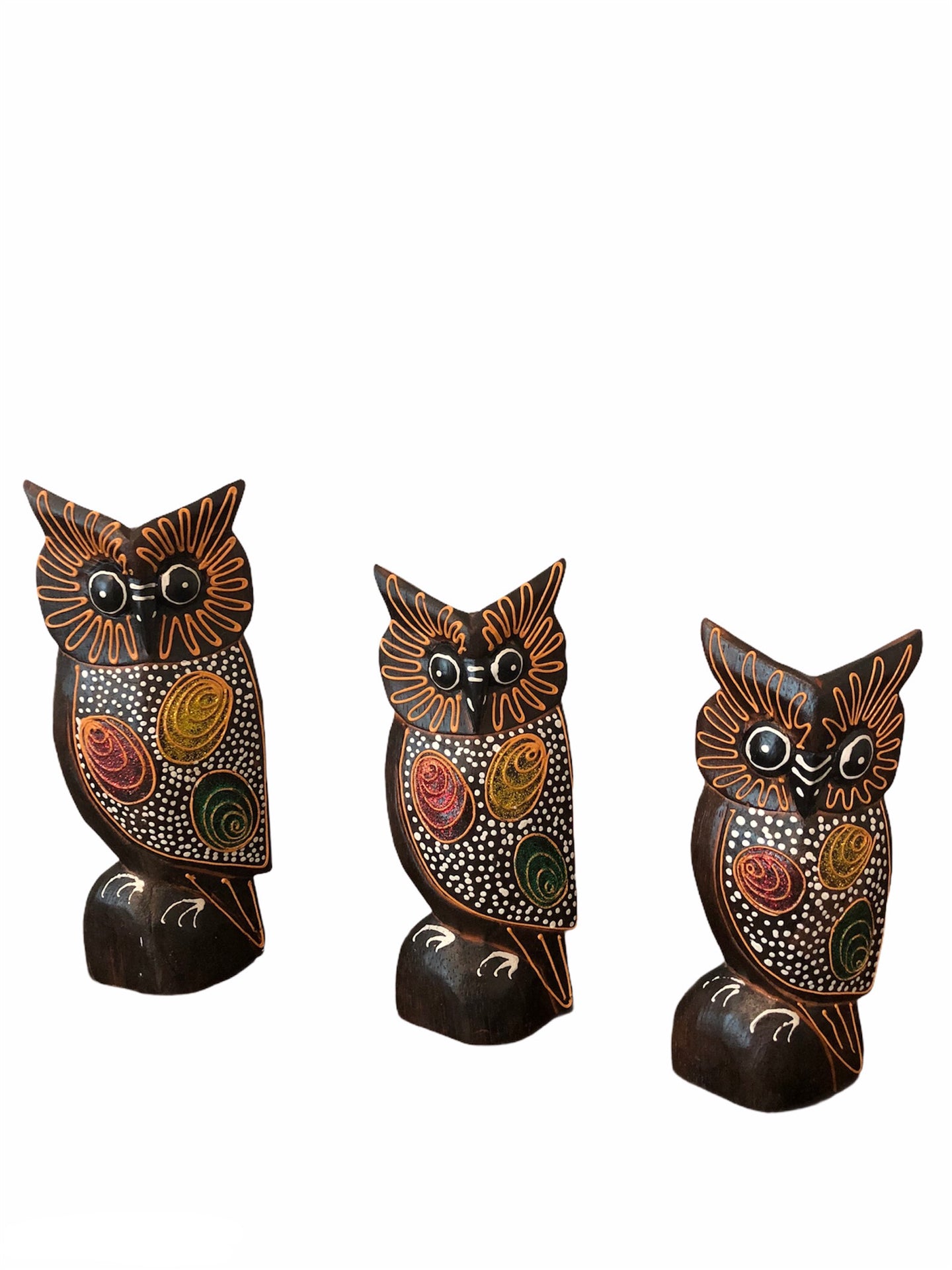 Three Medium Wooden Owls