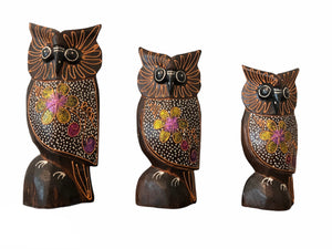 Three Medium Wooden Owls