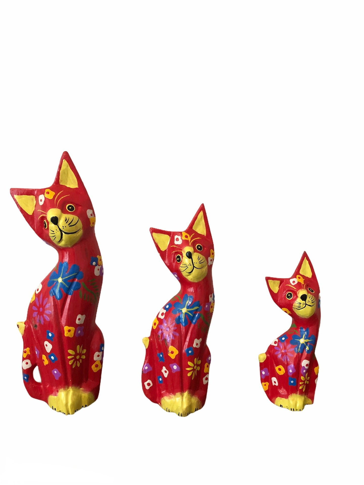 Set of Three Medium Red Wooden Cats