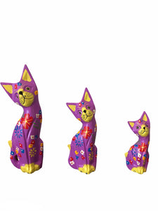 Set of Three Medium Purple Wooden Cats