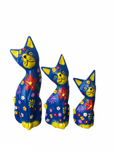 Set of Three Medium Blue Wooden Cats