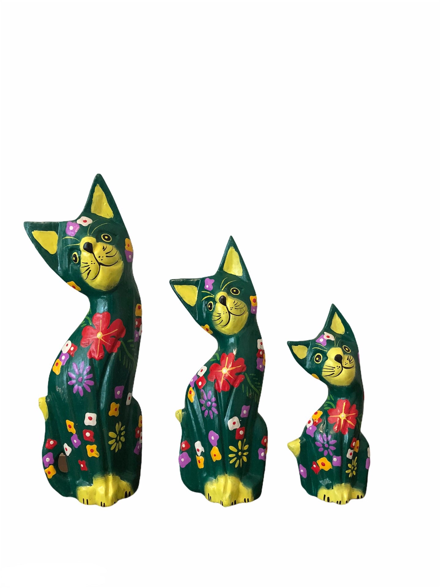 Set of Three Medium Green Wooden Cats