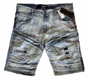 Big Mens Blue with Red and Black Paint Splatters Denim Shorts