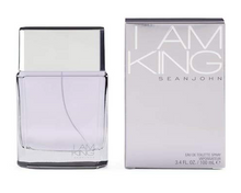 Load image into Gallery viewer, A bottle of Sean John 'I am King' eau de toilette with its packaging box. The bottle is purple with a clear cap, and the box is silver with the product name displayed.