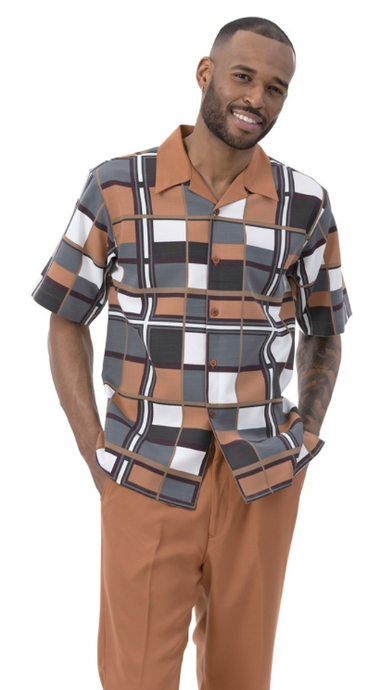 Cognac Checkered Patterned Leisure Suits Two-Piece Sets