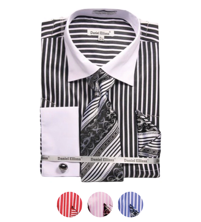 Striped French Cuff Dress Shirt (Includes Tie, Hanky & Cufflinks 22ยฝ Neck-36/37 Sleeve Length / Gold