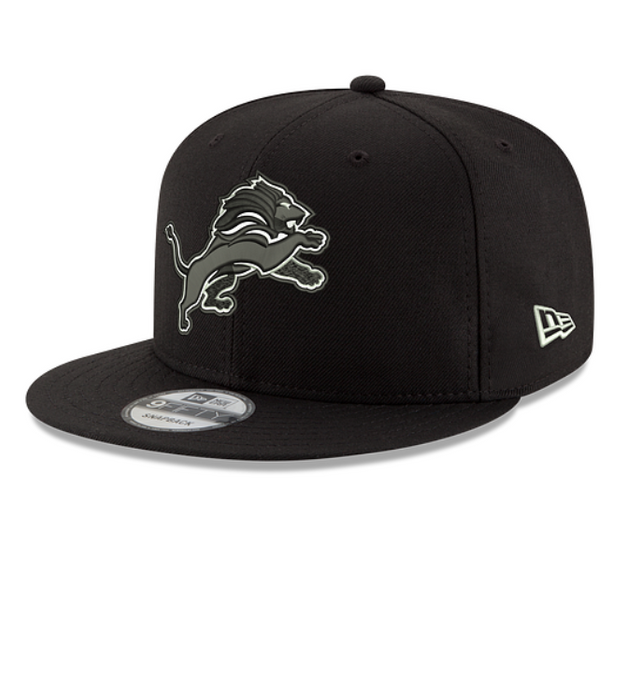 Detroit Lions New Era 9Fifty 950 Black on Black with White Outline Snapback Hat