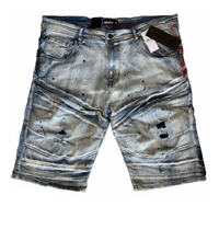 Load image into Gallery viewer, Big Mens Blue with Red and Black Paint Splatters Denim Shorts