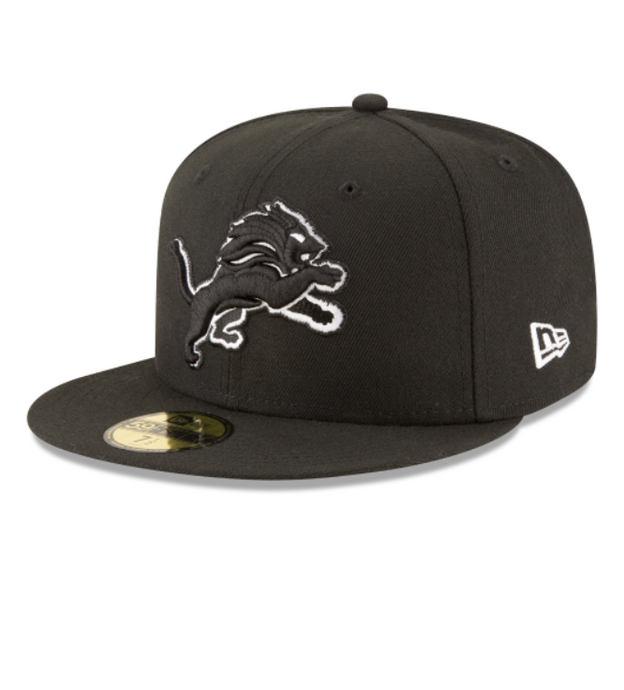 Detroit Lions New Era 5950 Black on Black with White outline 59Fifty Fitted Cap