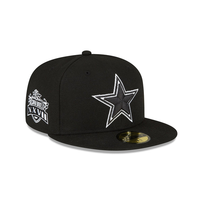 Dallas Cowboys New Era Men's Side Patch Super Bowl XXV11 59Fifty Black Hat with Black Star outlined in White