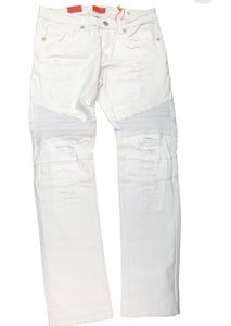 White Stretch Distressed Biker Jeans