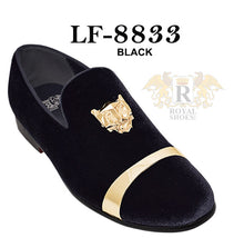 Load image into Gallery viewer, Embellished Gold Panther Head on Velvet Slip On Smoker Shoe